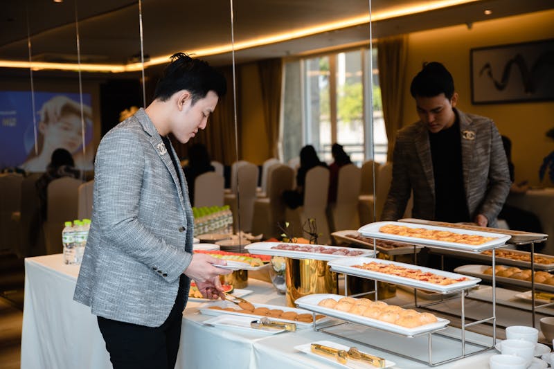 Corporate catering event with full pizza service setup